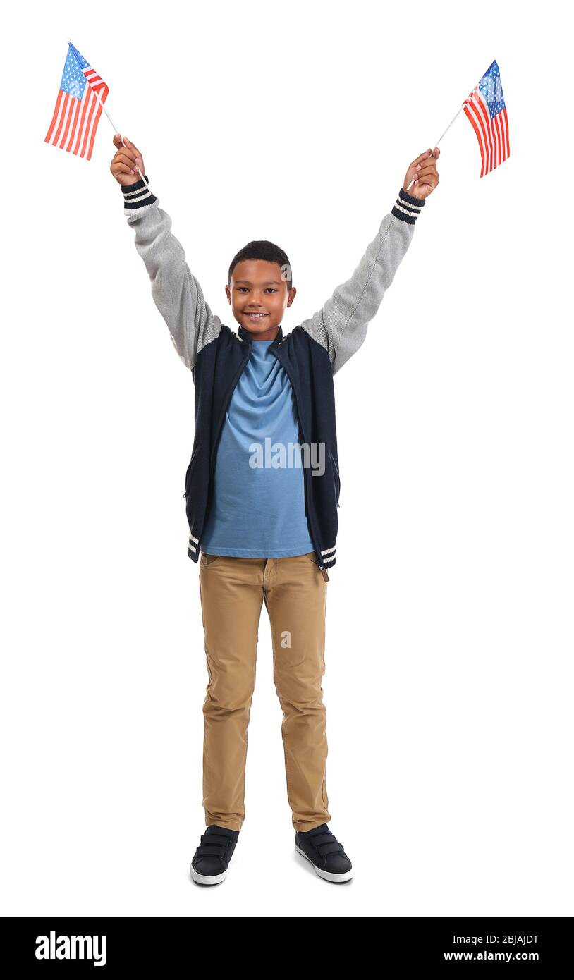Boy holding American flags, isolated on white Stock Photo - Alamy