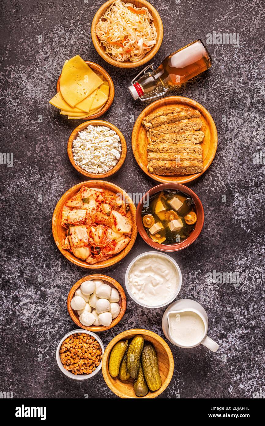 Fermented food, probiotics kefir, kombucha, sauerkraut, pickles, miso