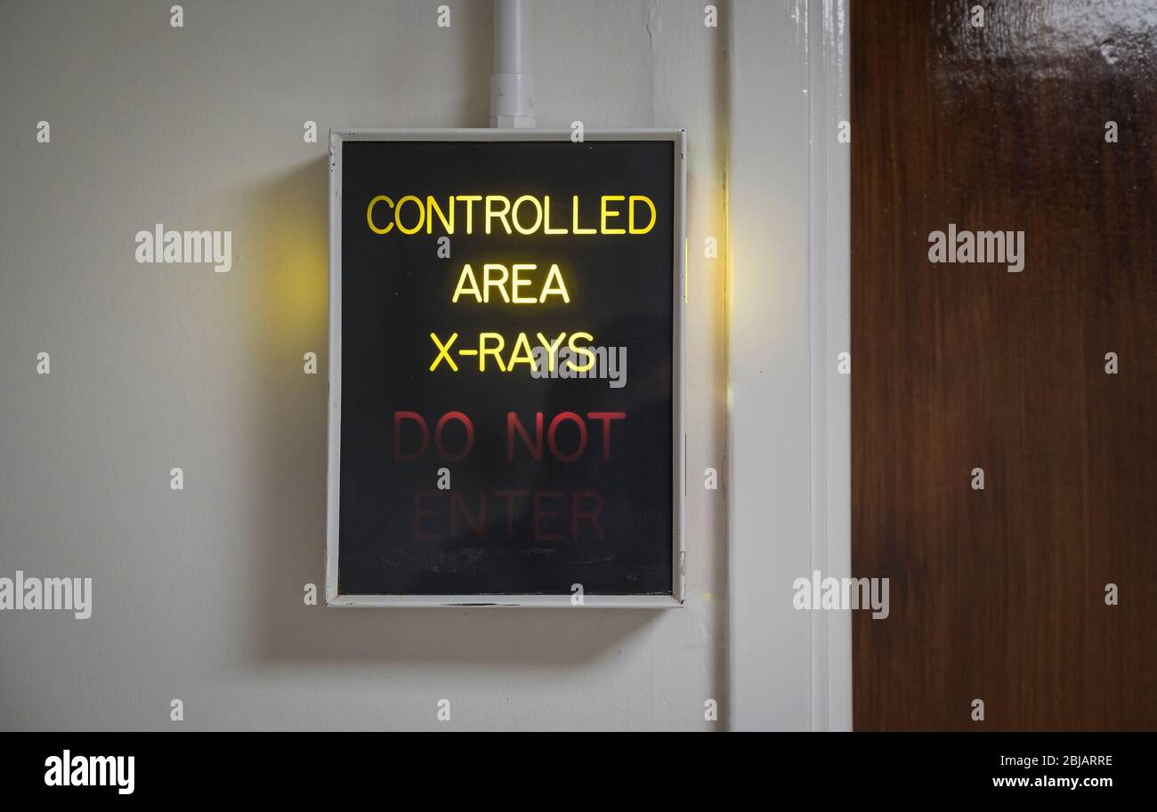 Sign in X-Ray department in a hospital in England, United Kingdom. Stock Photo