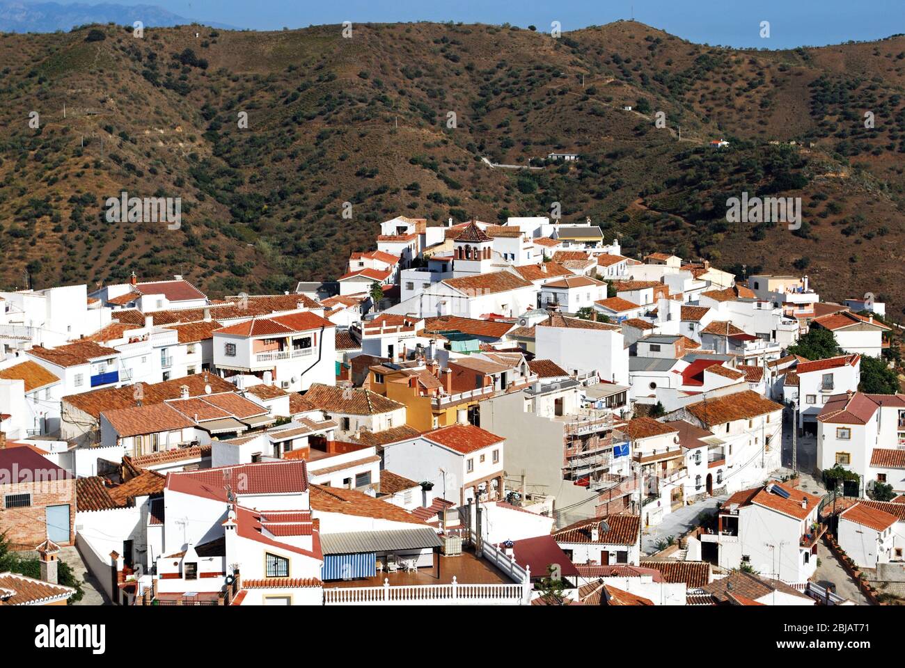 Elevated view of the whitewashed village (pueblo blanco), Moclinejo, Costa del Sol, Malaga Province, Andalucia, Spain. Stock Photo