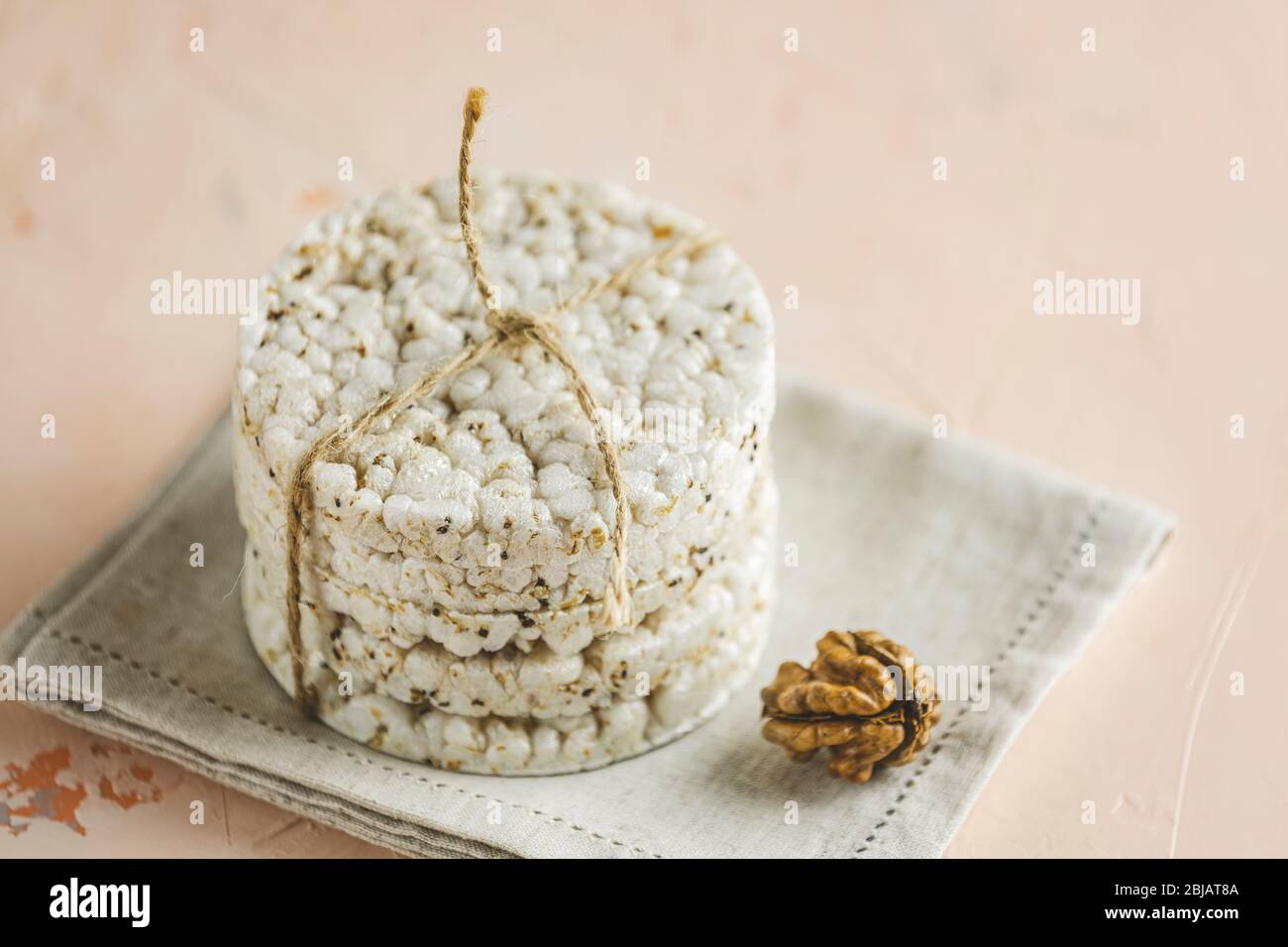 Stack of rice cakes. American puffed rice cakes. Healthy snacks with