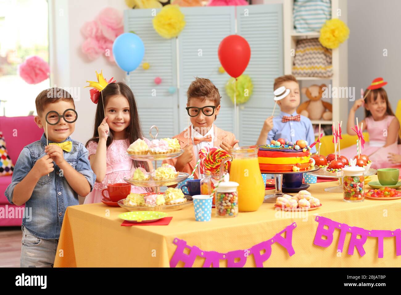 children-s-birthday-party-in-decorated-room-stock-photo-alamy