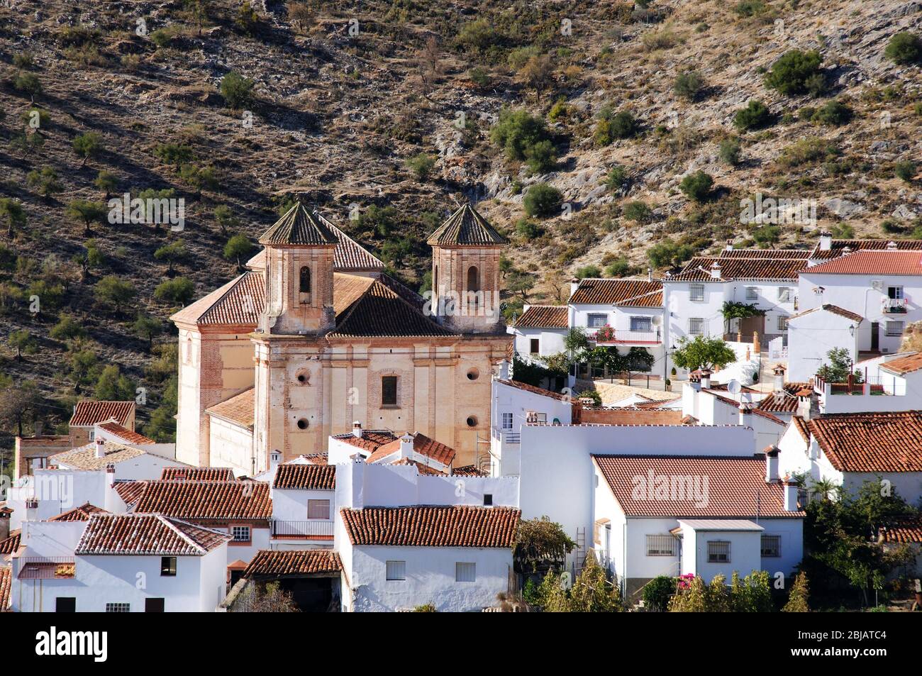 View of whitewashed village (pueblo blanco) with mountains to the rear, Alpandeire, Serrania de Ronda, Malaga Province, Andalucia, Spain. Stock Photo