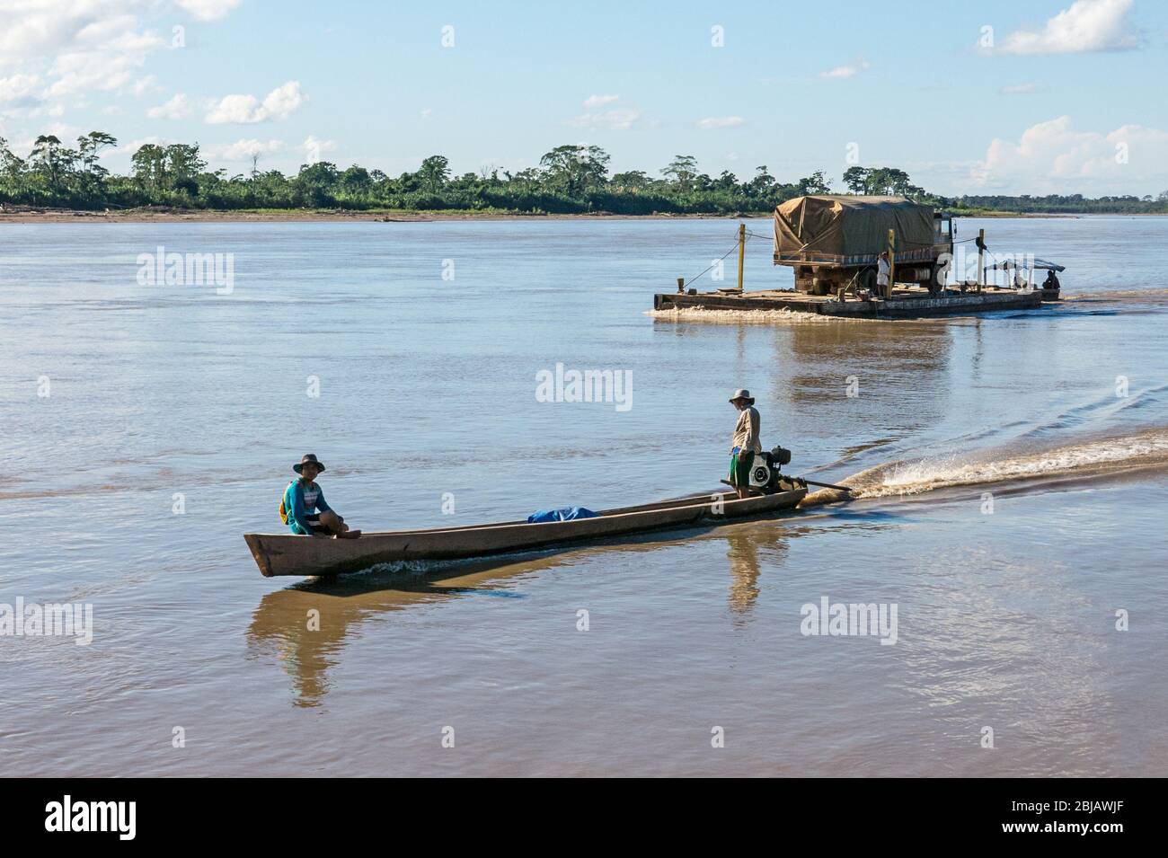 Rurrenabaque, Bolivia - May 5: Boat transporting a truck on the Beni ...