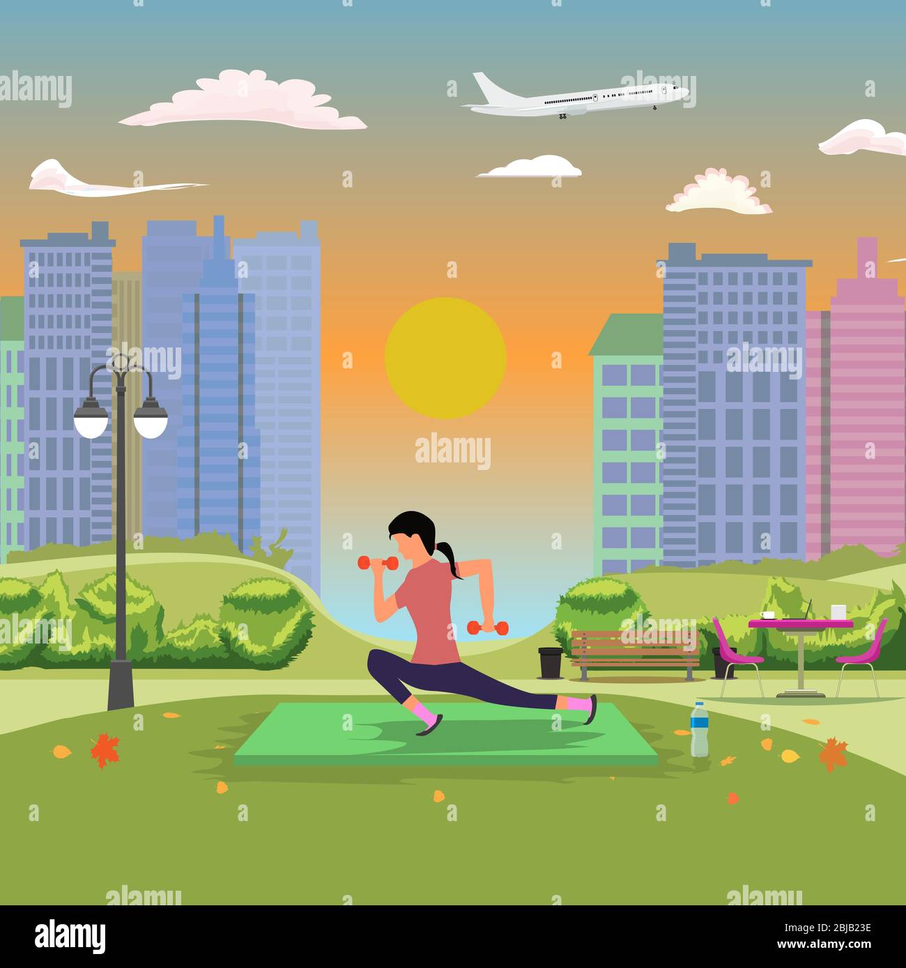Young woman doing exercise at City park on Grassy Meadow. Vector illustration. Stock Vector