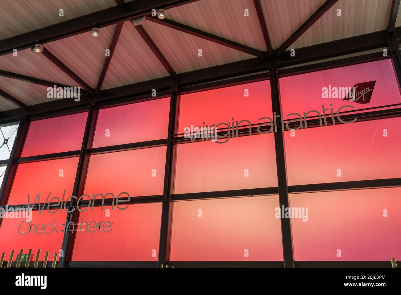 London, England. Design of the hall in the terminal at Gatwick Airport - virgin atlantic airline Stock Photo