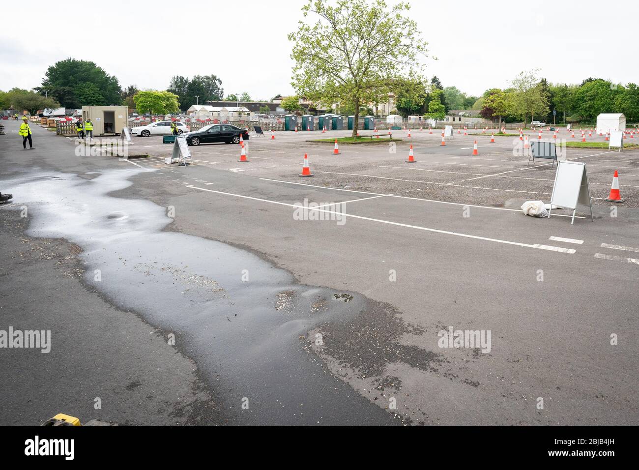 An empty waiting area at a drive-in coronavirus testing facility at the Chessington World of Adventures Resort in south west London. Stock Photo