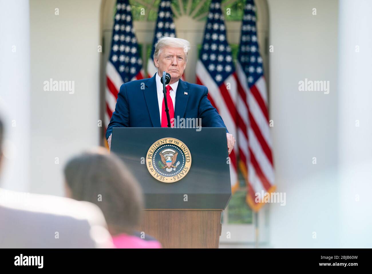 WASHINGTON DC, USA - 27 April 2020 - President Donald J. Trump listens to a reporter’s question during the coronavirus update briefing Monday, April 2 Stock Photo