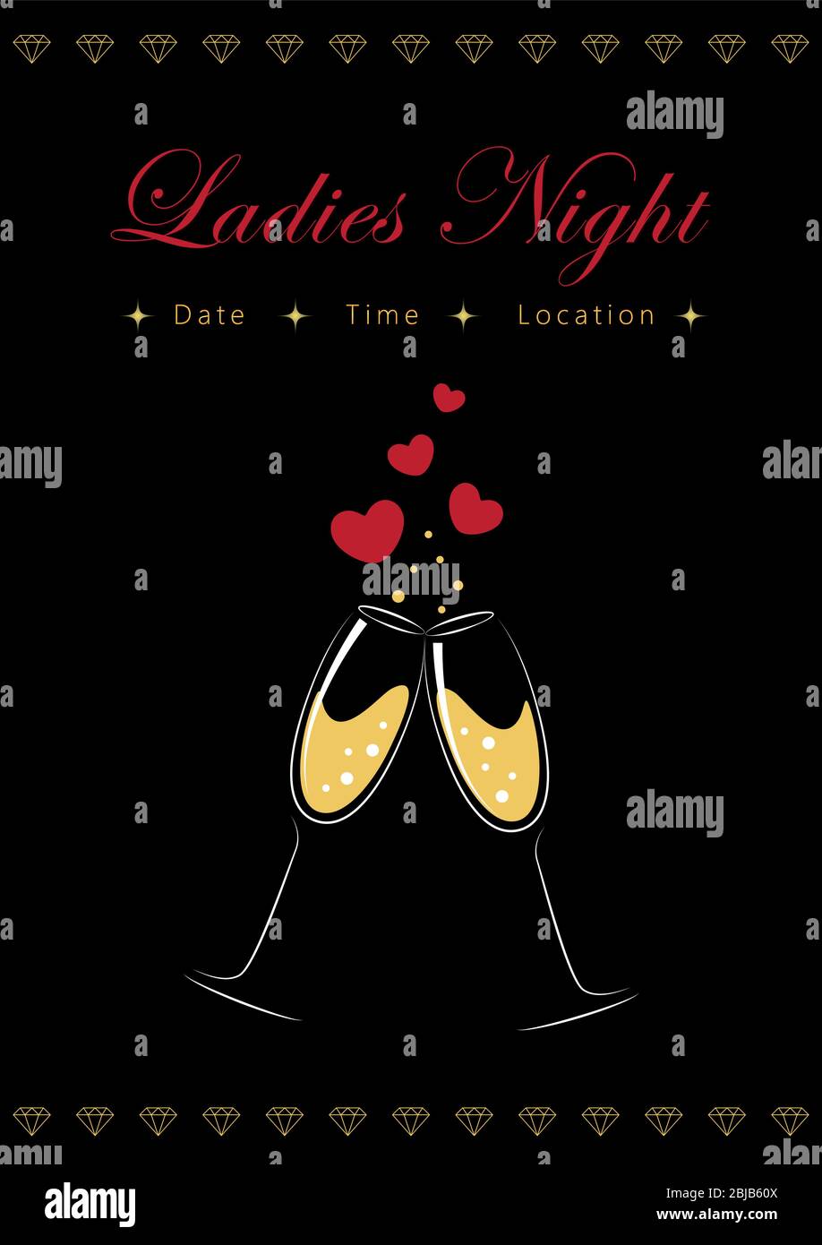 glasses of champagne ladies night poster vector illustration EPS10 Stock Vector