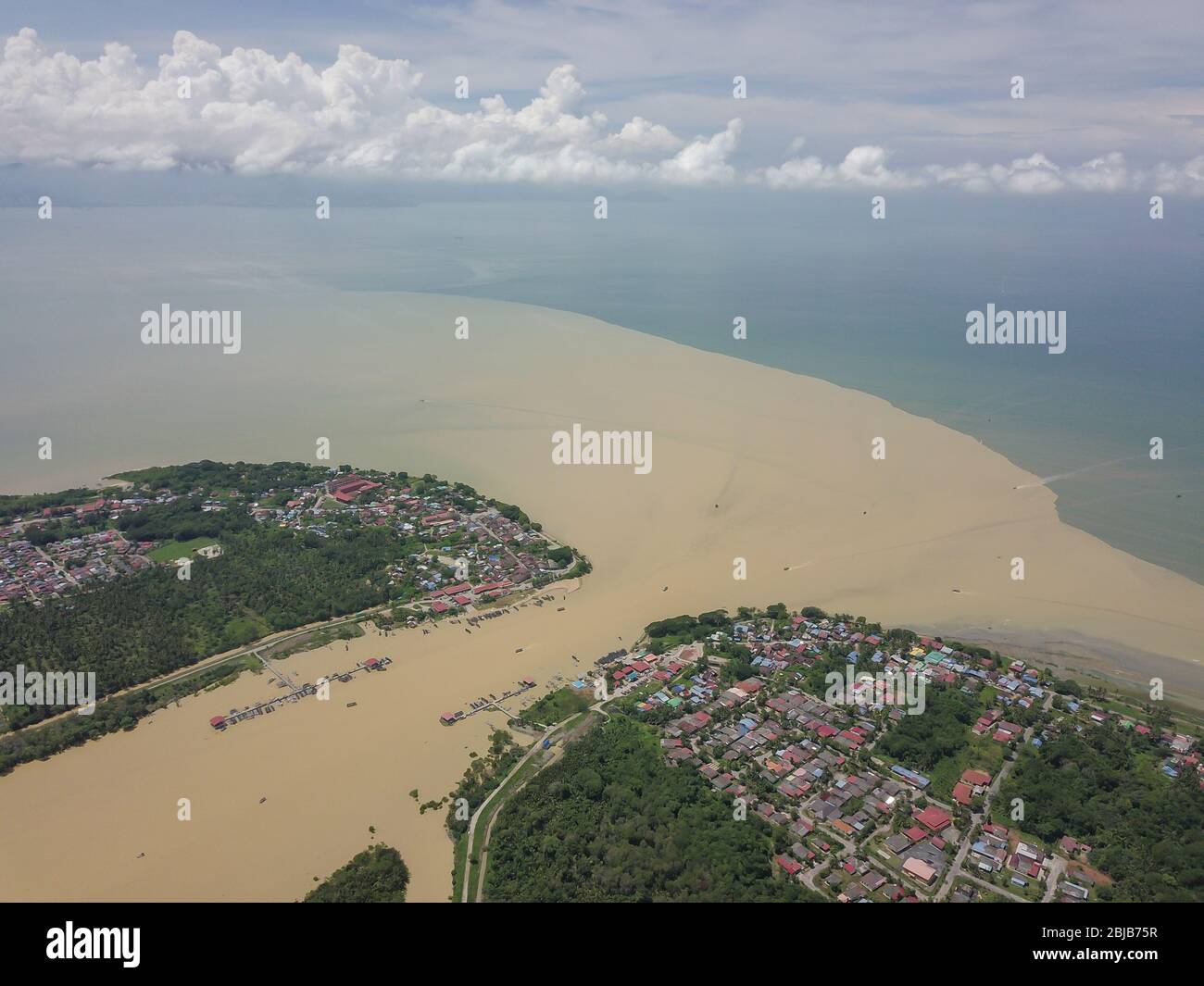 Aerial view Sungai Muda connected to sea. Stock Photo