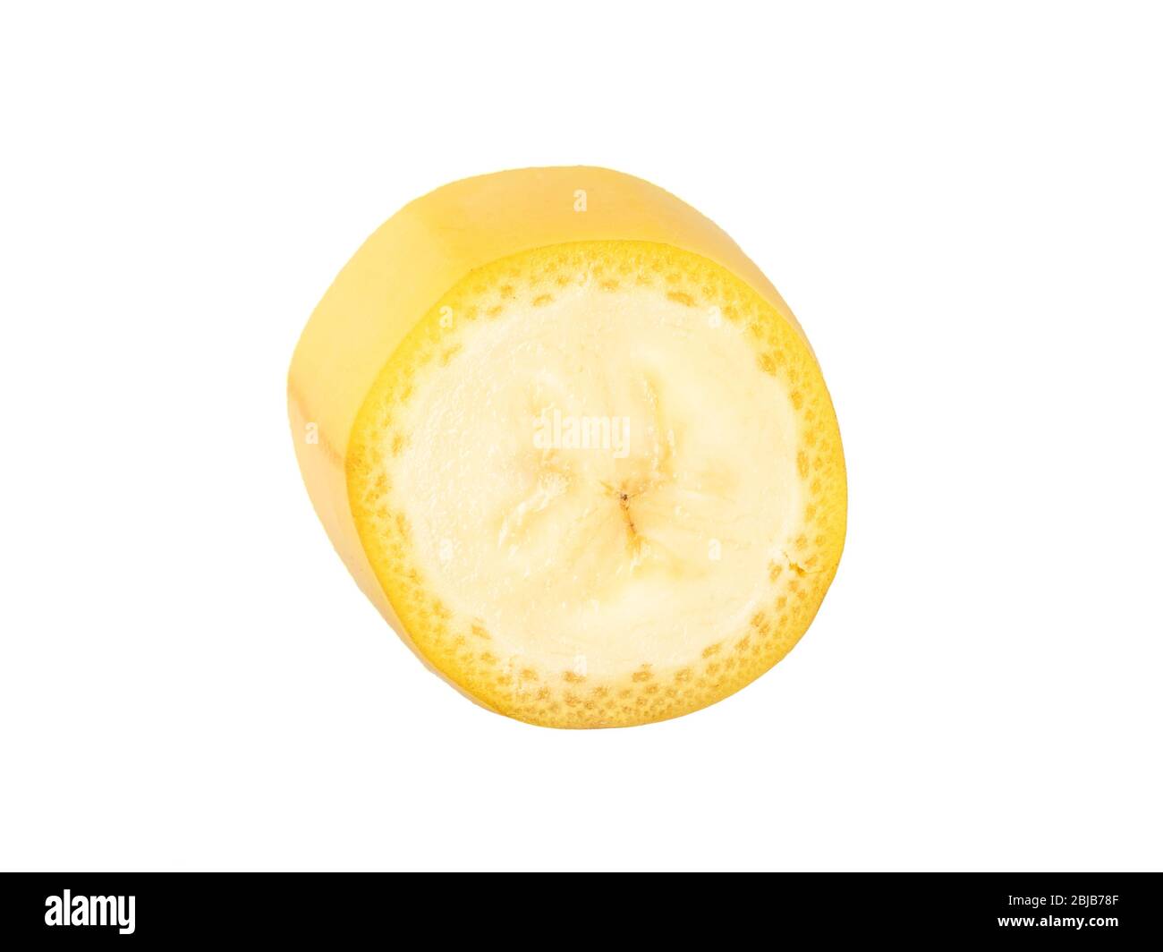 One banana slice, unpeeled. Isolated on white background with clipping path. Extreme close up, studio shoot. Stock Photo