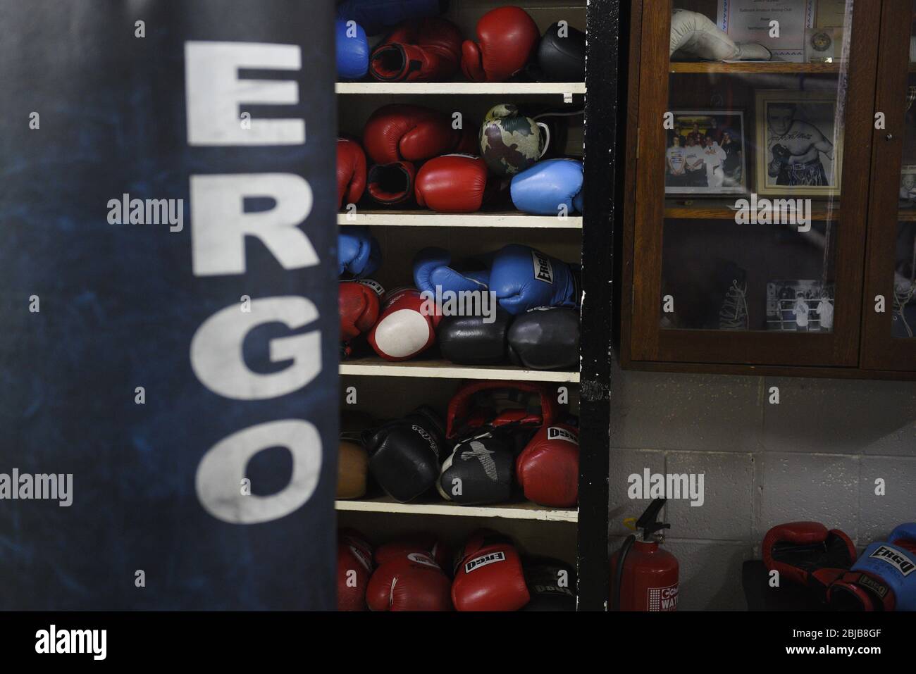 Real life boxing equipment in a gym. Useful for boxing concept type uses. Stock Photo