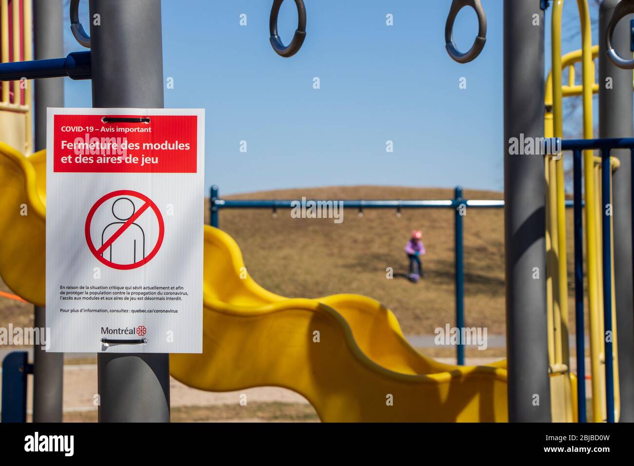 April 23, 2020 - Montreal, Canada: Warning sign on closed playground ...