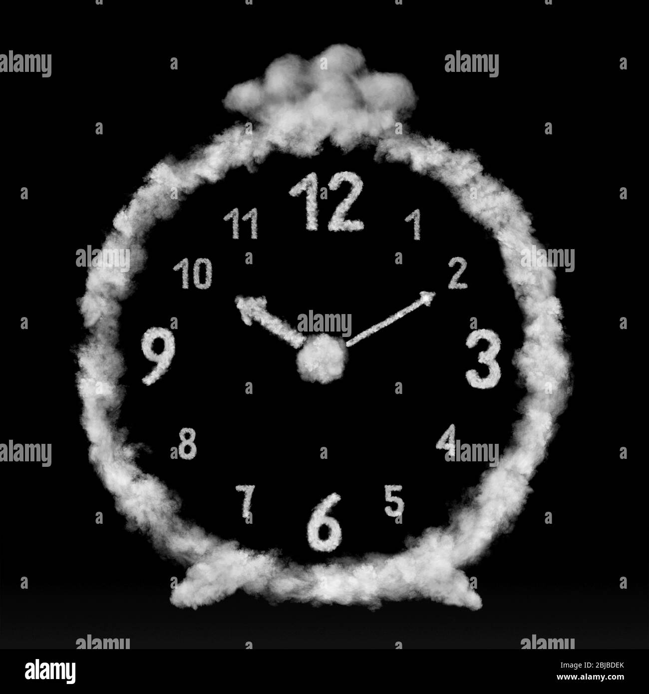 The alarm clock made from white clouds on a black background. Stock Photo