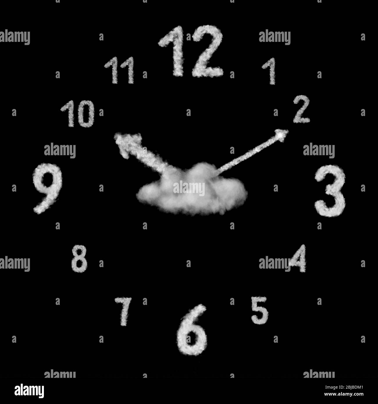 Creative clock made from white clouds on a black background. Stock Photo