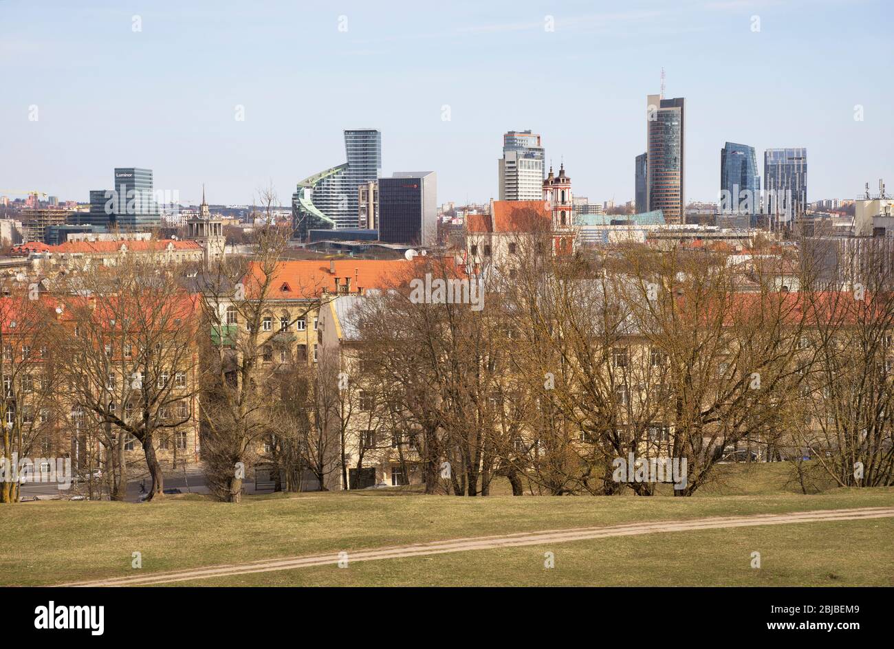 View of new city centre at Snipiskes district from Tauras hill in Vilnius. Lithuania Stock Photo