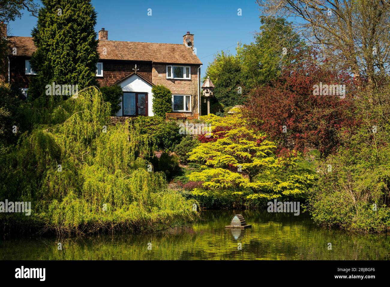 UK, England, Staffordshire, Biddulph, Poolfold, Fold Lane, House beside old mill pond on Staffordshire Moorland Walk Stock Photo