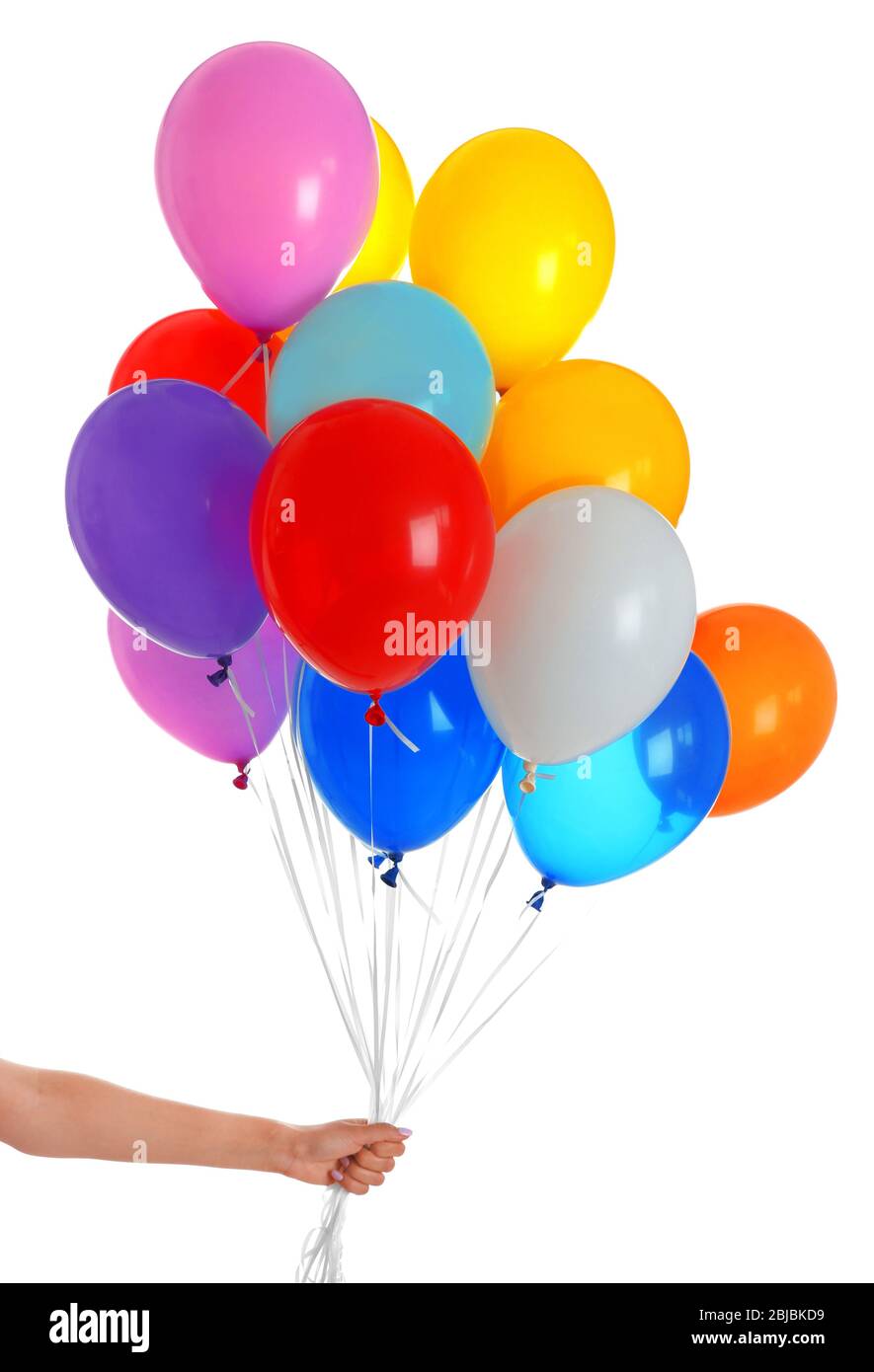 Woman holding many colorful balloons on white background Stock Photo