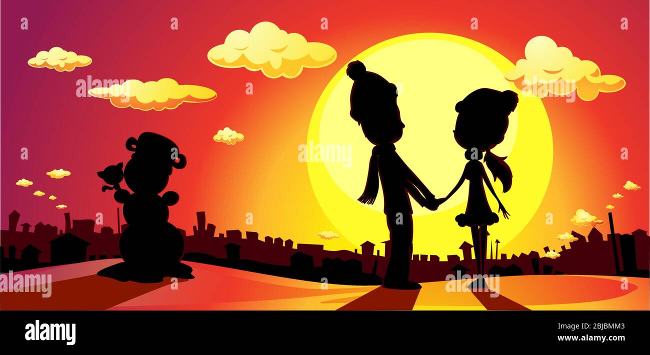 winter love - lovers silhouette in sunset vector illustration Stock Vector