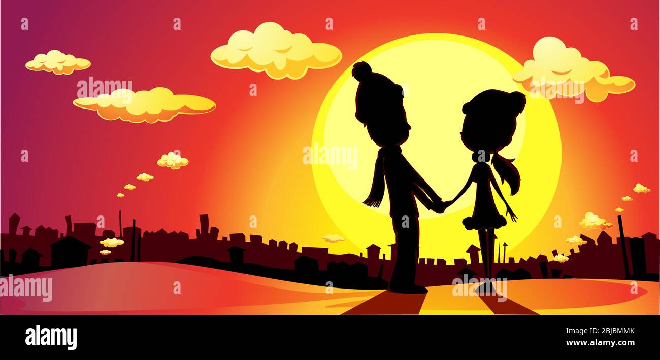 winter love - lovers silhouette in sunset vector illustration Stock Vector
