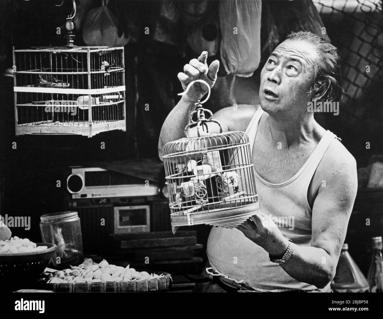 Hong Kong October 1986 Songbird seller, Wan Chi market. The picture is is part of a collection of photographs taken in Hong Kong between September and November, 1986. They represent a snapshot of Daily Life in the Crown Colony eleven years before sovereignty was transferred back to mainland China. Photograph by Howard Walker / Alamy. Stock Photo