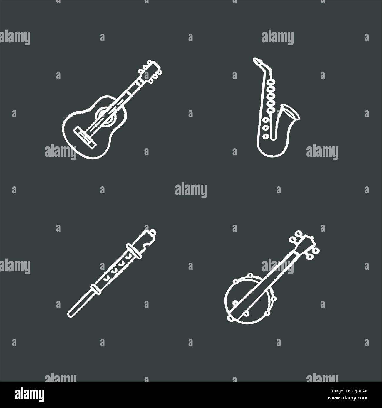 Orchestral musical instruments chalk white icons set on black background Stock Vector