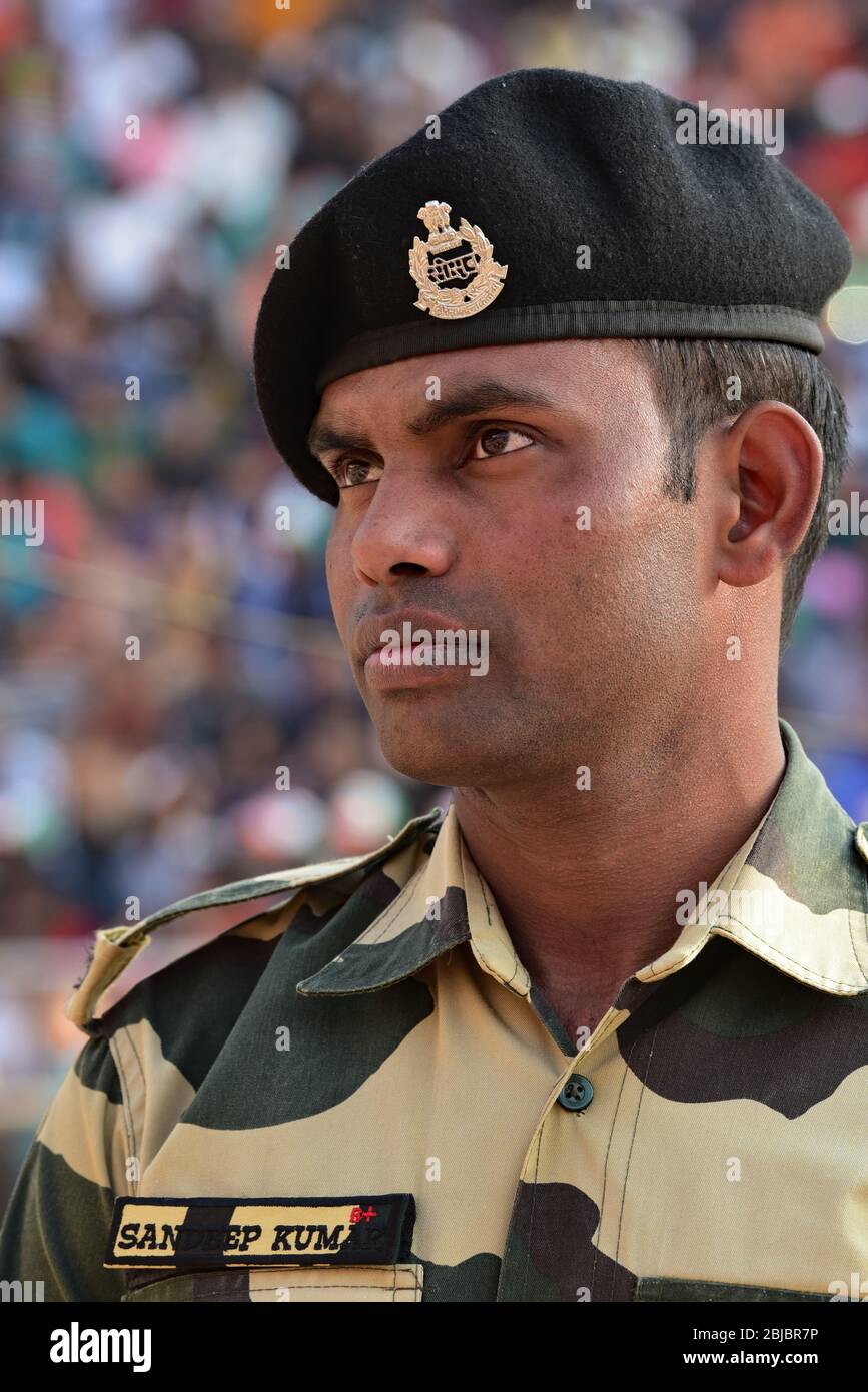 Indian soldier at the Attari-Wagah Border Crossing between India-Pakistan during the daily 'Lowering of the Flags' Ceremony, Punjab, India, Asia. Stock Photo
