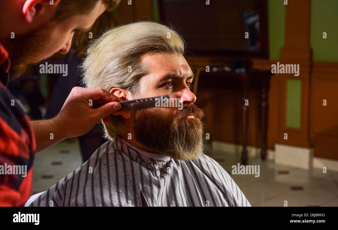 Man at barbershop. Hairdresser salon. Professional barber and client.  Trimming beard close up. Maintaining beard shape. Enhance your hair cutting  experience. Facial hair. Grow beard and mustache Stock Photo - Alamy