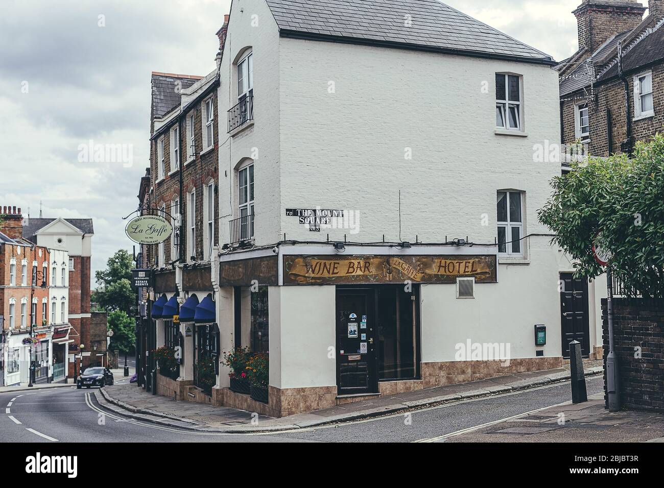 London/UK- 30/07/19: family-run Italian restaurant & hotel La Gaffe in the site of a former shepherd’s cottage, located on Heath Street in Hampstead, Stock Photo