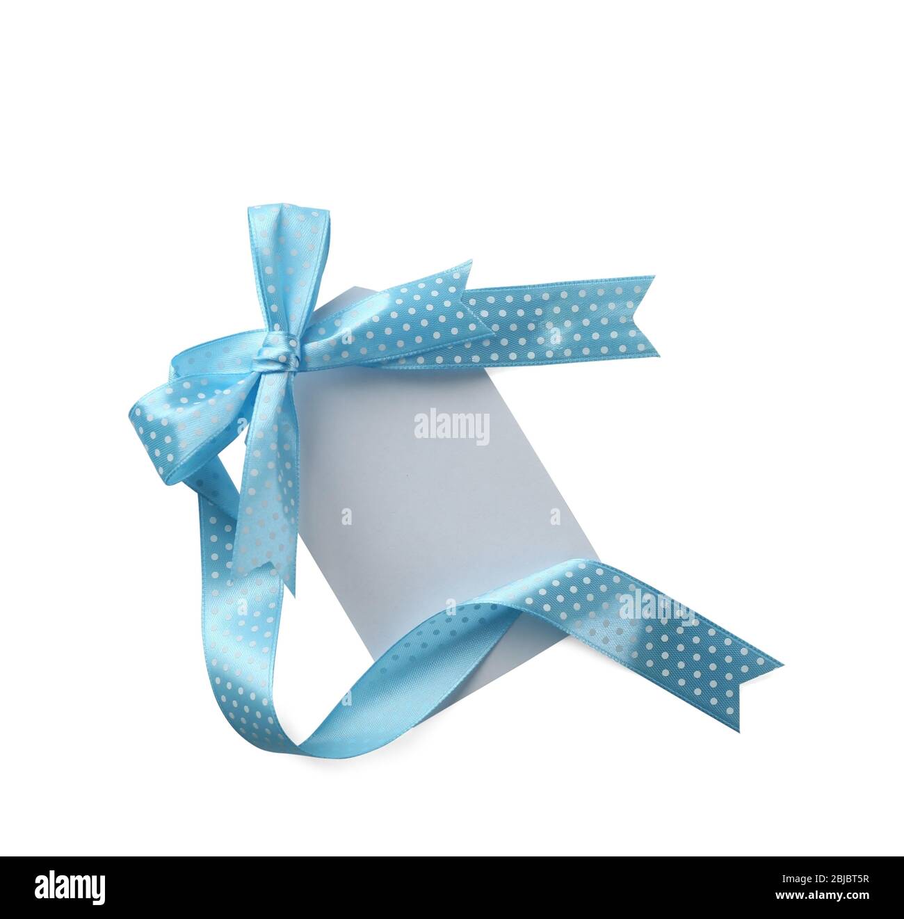 Paper with beautiful blue ribbon and bow on white background Stock ...