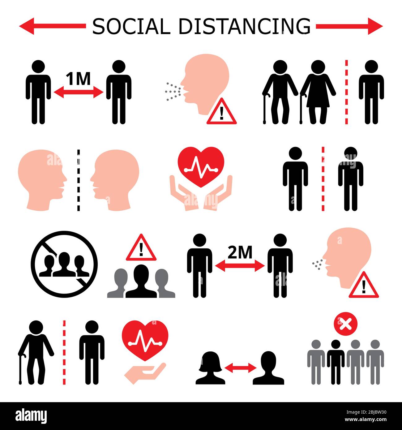 Social distancing during pandemic or epidemic vector color icons set, keeping a distance between people   Increasing the physical space between people Stock Vector
