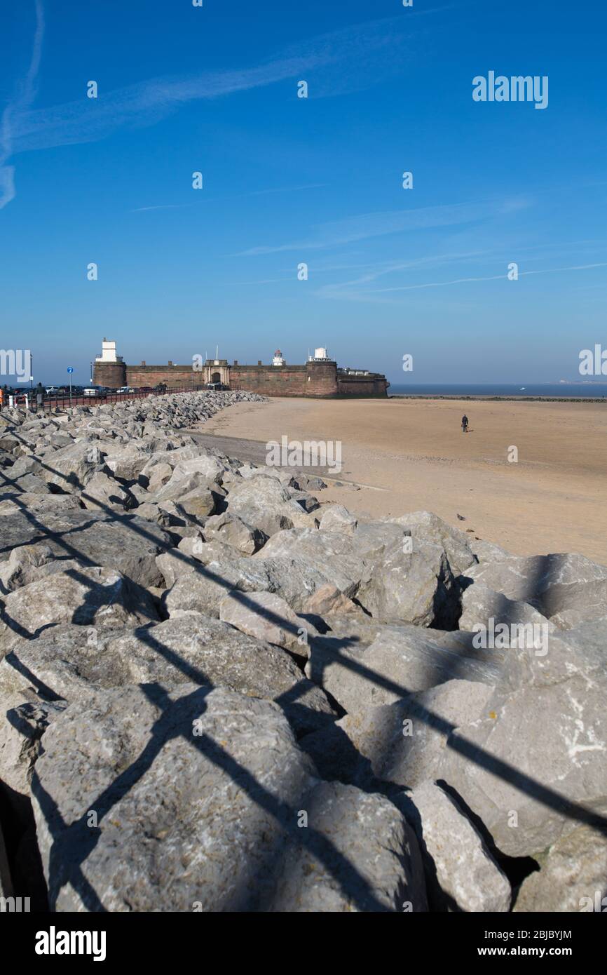 Town of Wallasey, England. Picturesque view of New Brighton Beach with Fort Perch Rock in the background. Stock Photo