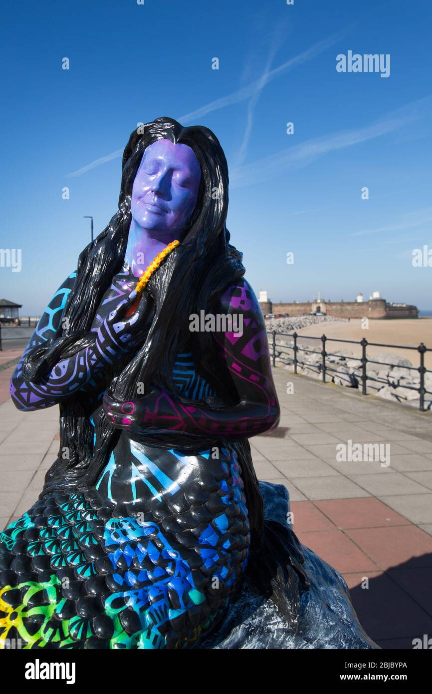 Town of Wallasey, England. Picturesque view of a mermaid sculpture, which is part of the New Brighton Mermaid Trail. Stock Photo