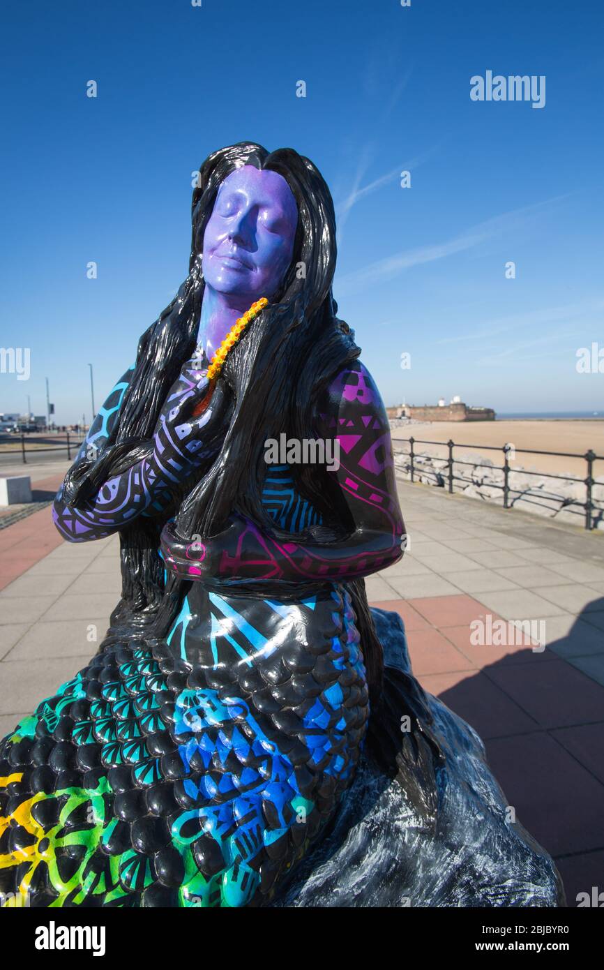 Town of Wallasey, England. Picturesque view of a mermaid sculpture, which is part of the New Brighton Mermaid Trail. Stock Photo