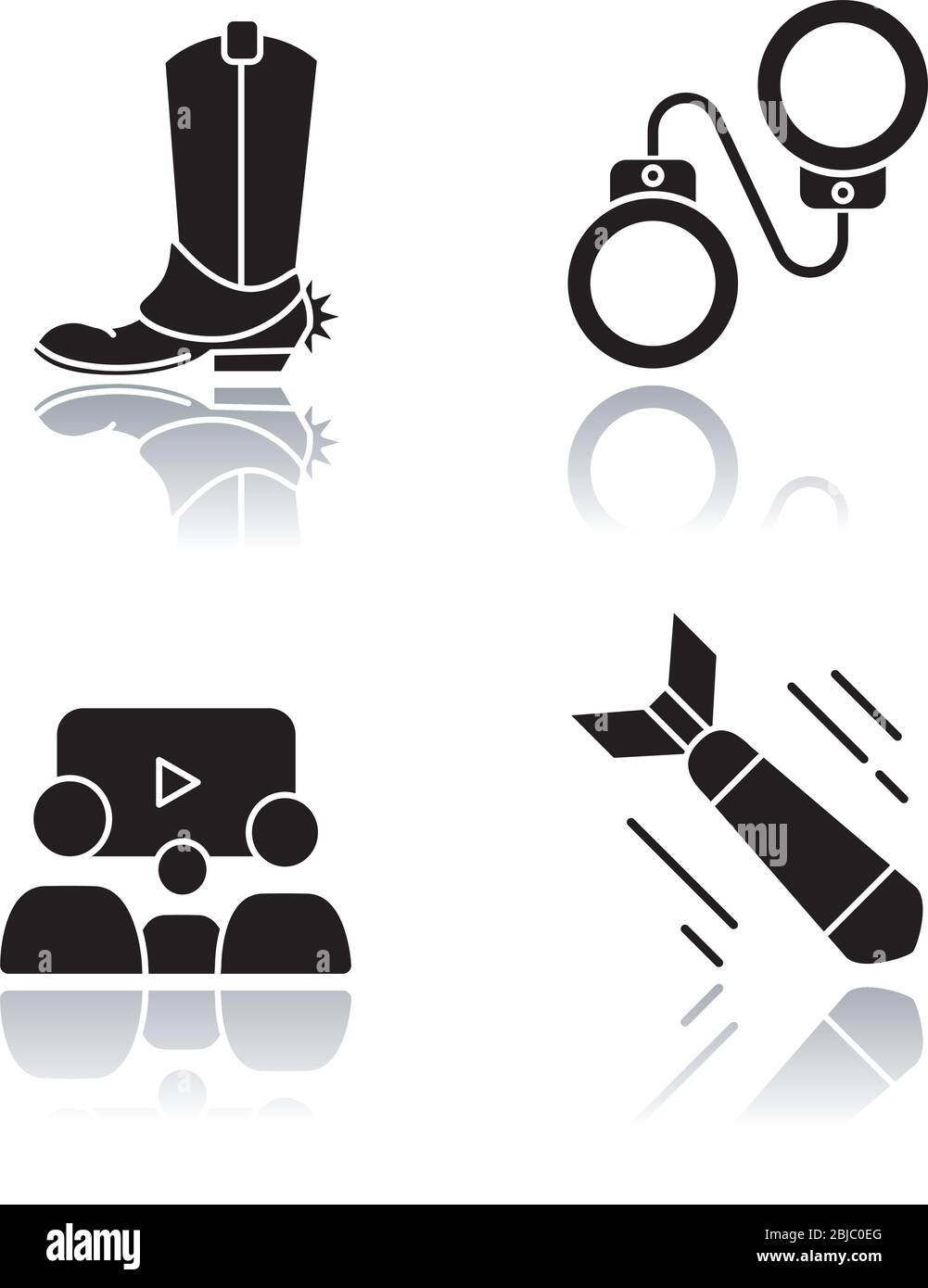 Different film genres drop shadow black glyph icons set. Western movie, family picture, criminal and war drama. Cinema industry, filmmaking business Stock Vector