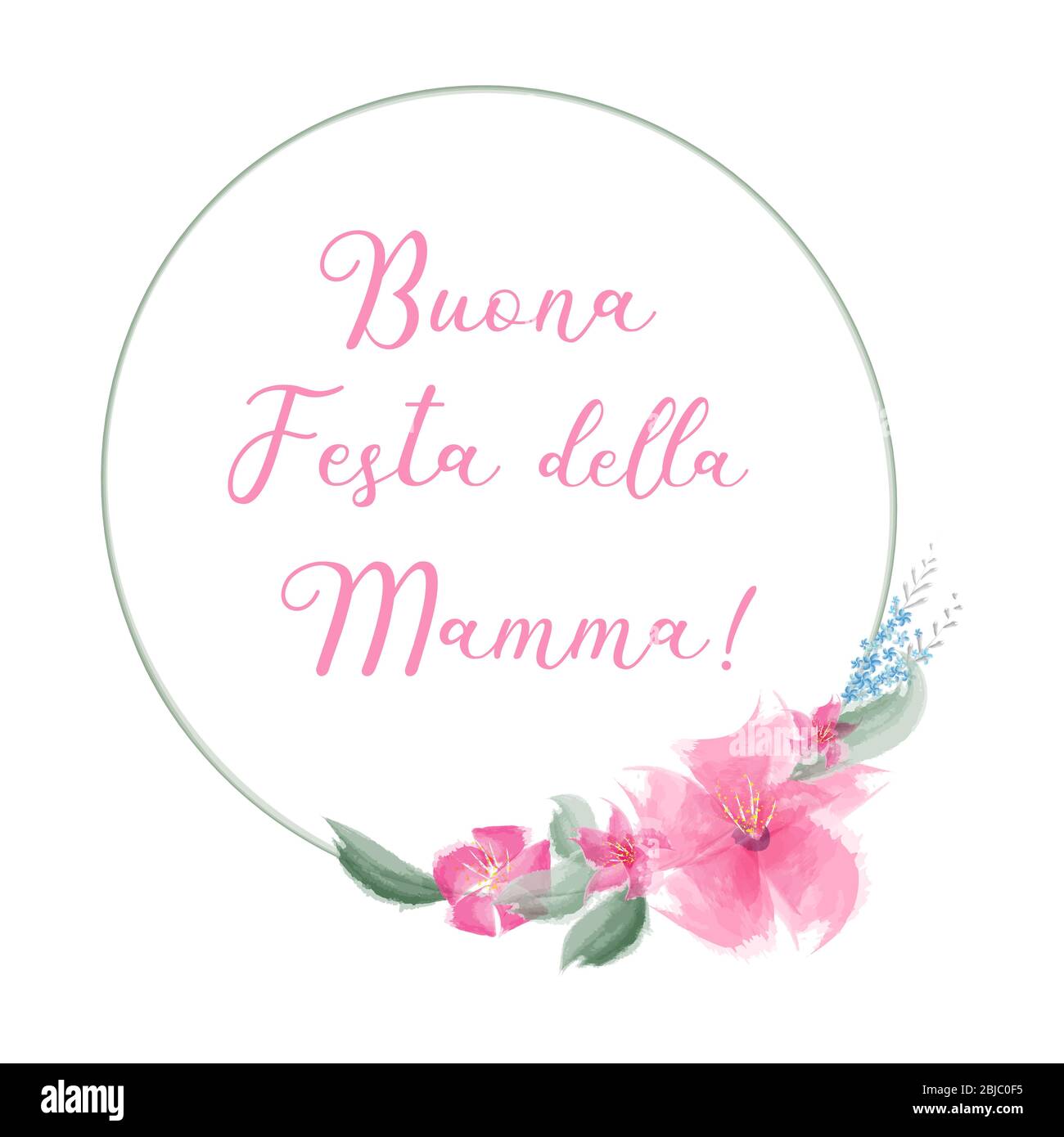 Hand sketched Buona Festa della Mamma quote in Italian with wreath. Translated Happy Mothers day. Lettering for postcard, invitation, poster, banner.  Stock Vector