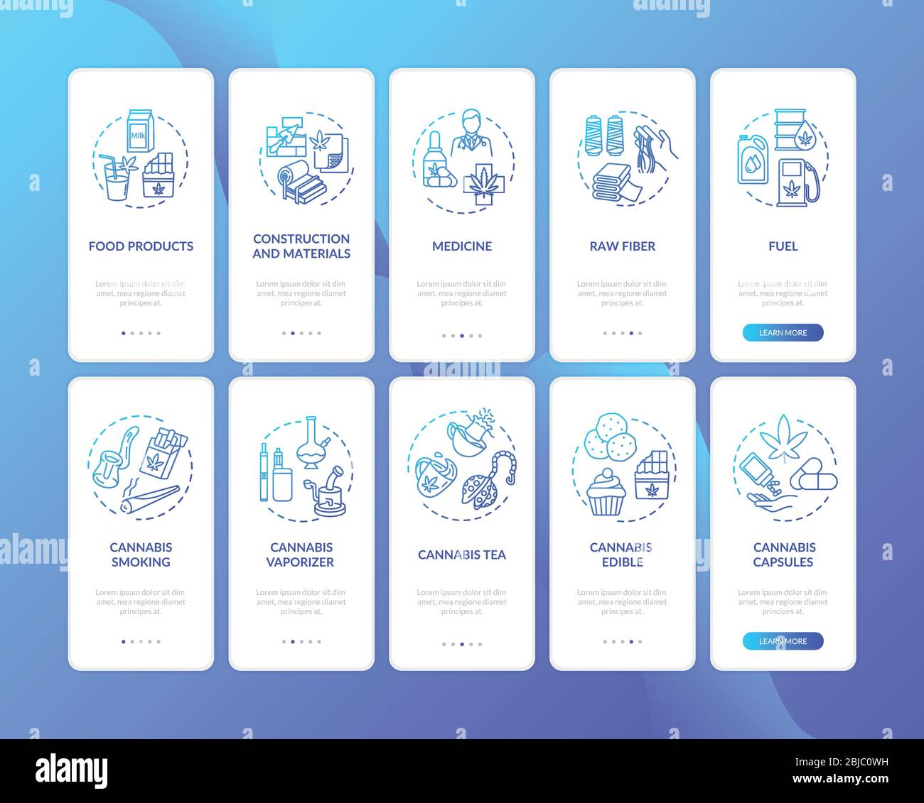 Cannabis onboarding mobile app page screen with concepts set Stock Vector
