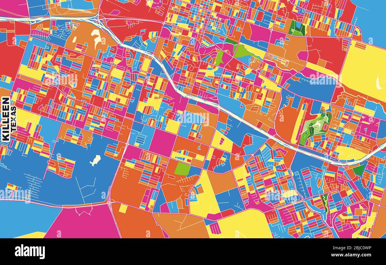 Colorful vector map of Killeen - Colorful Vector Map Of Killeen Texas Usa Art Map Template For Selfprinting Wall Art In Landscape Format 2BJC0WP