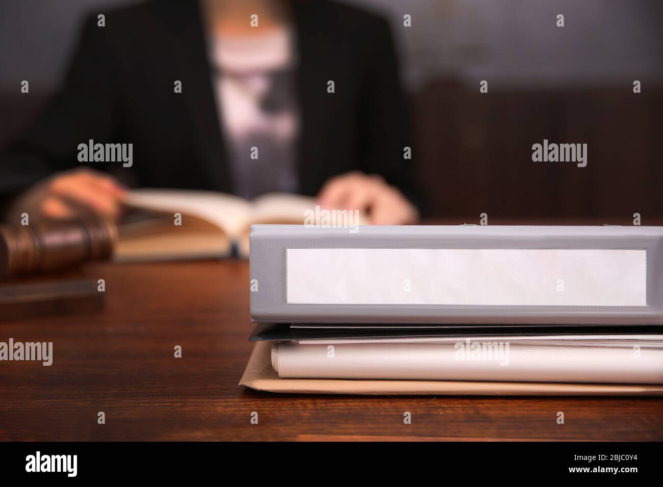 Folder on judge table, closeup Stock Photo