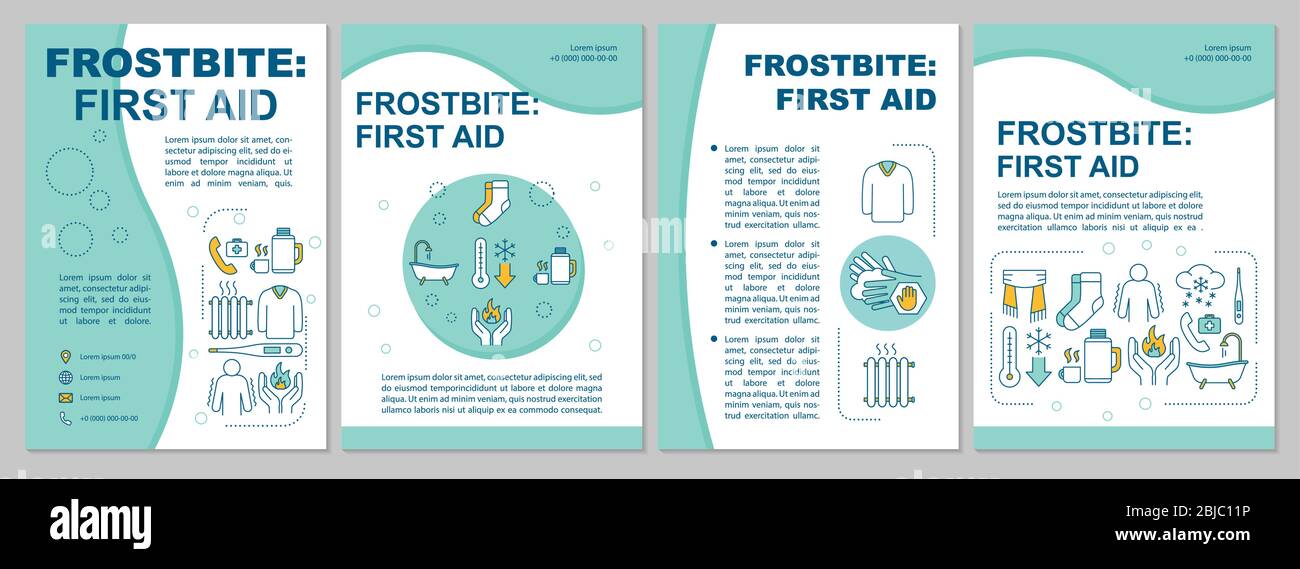 Frostbite therapy, hypothermia first aid brochure template. Flyer
