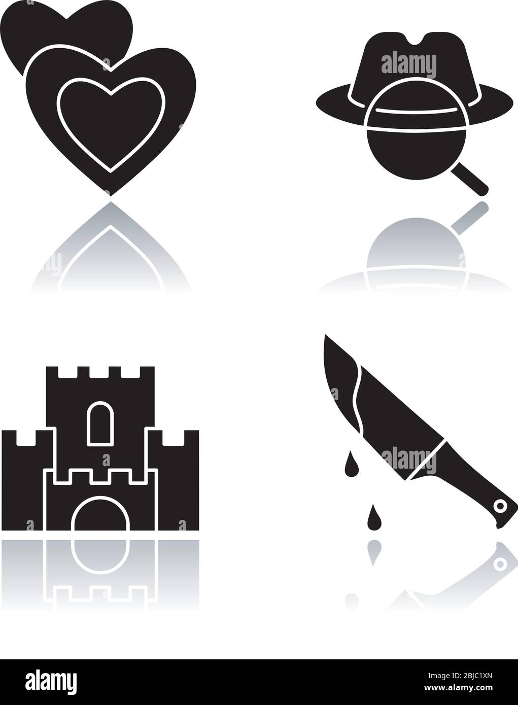 Popular movie types drop shadow black glyph icons set. Romantic films, detective mystery, fantasy and thriller. Different cinematography genres Stock Vector
