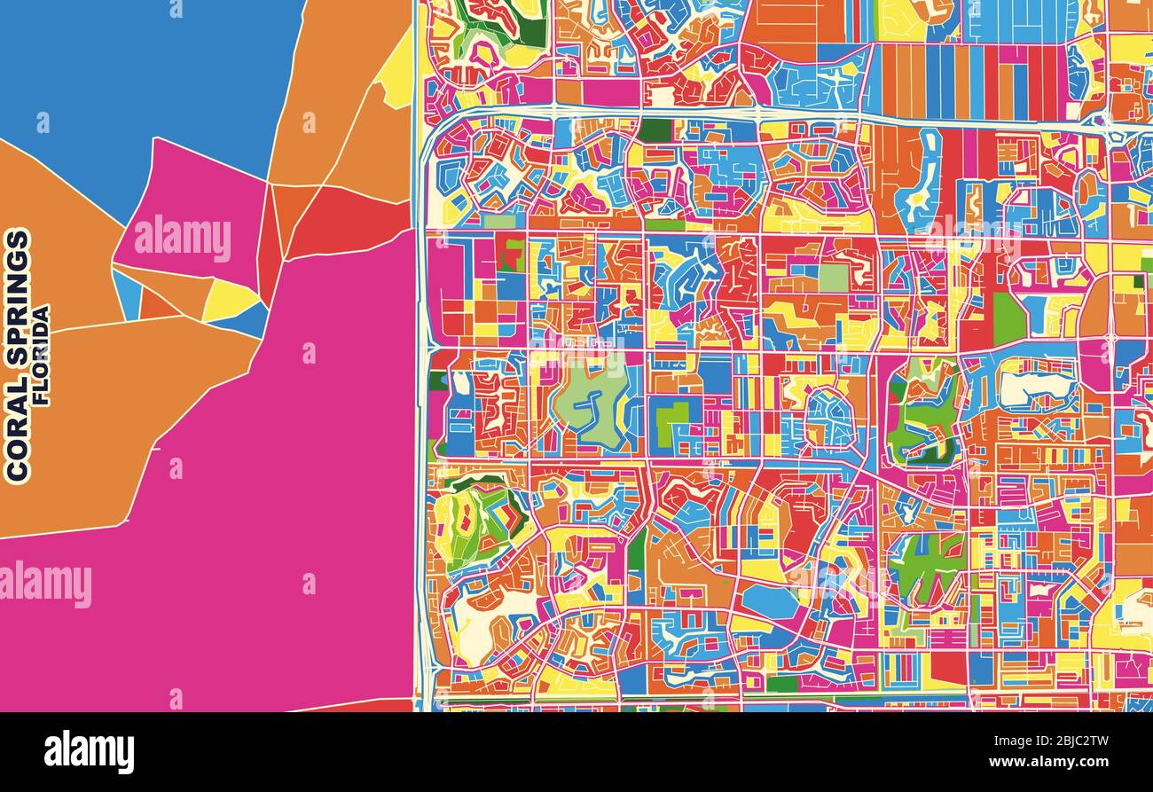 Colorful vector map of Coral Springs, Florida, USA. Art Map template