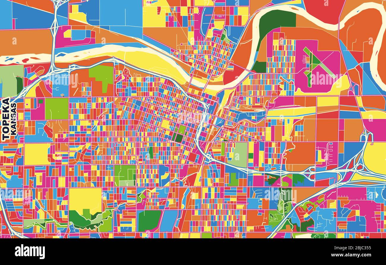 Colorful vector map of Topeka, Kansas, USA. Art Map template for selfprinting wall art in 