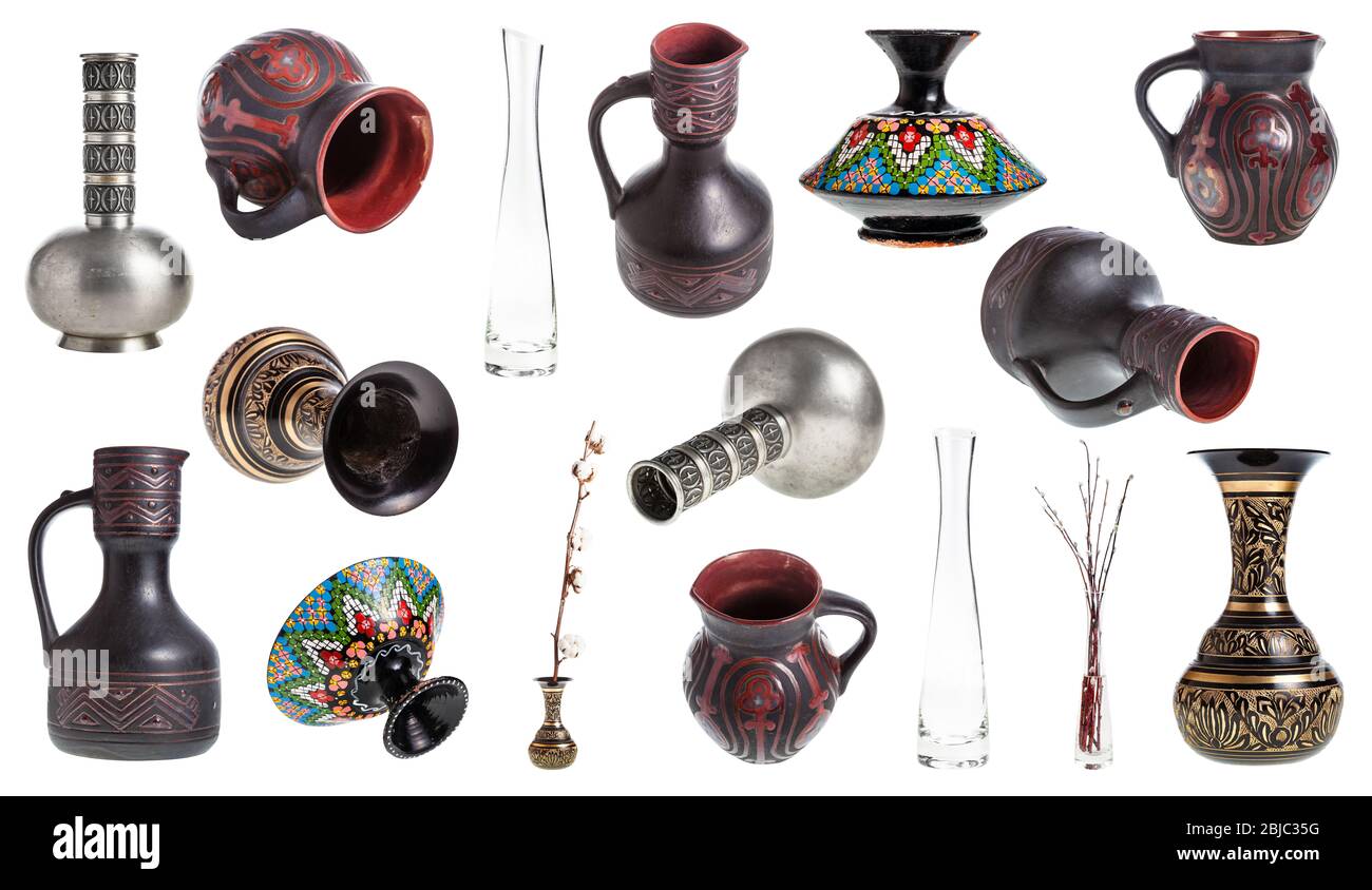 set of various vases and jugs isolated on white background Stock Photo