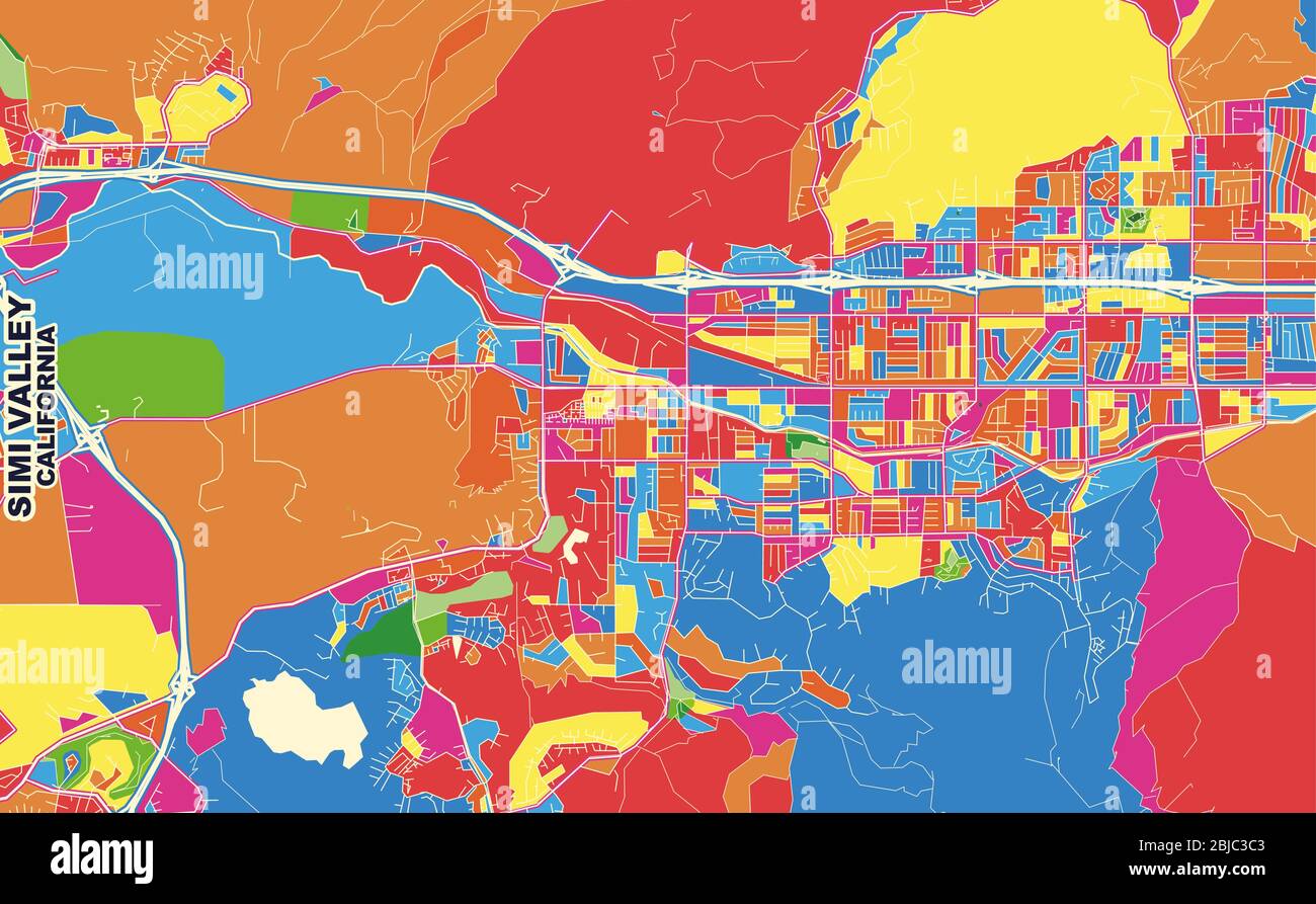 Colorful vector map of Simi Valley, California, USA. Art Map template for selfprinting wall art