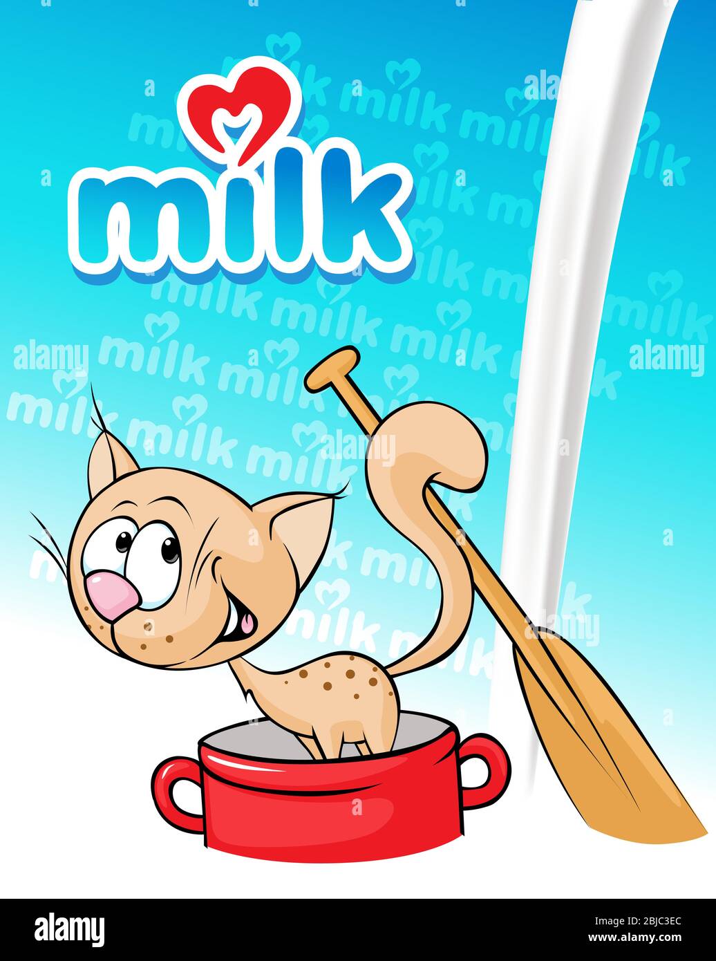 milk design with funny cat goes on a pot - vector illustration Stock Vector