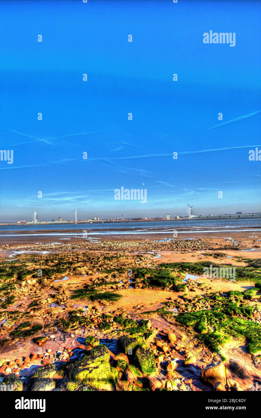 Town of Wallasey, England. Artistic view of New Brighton beach, with