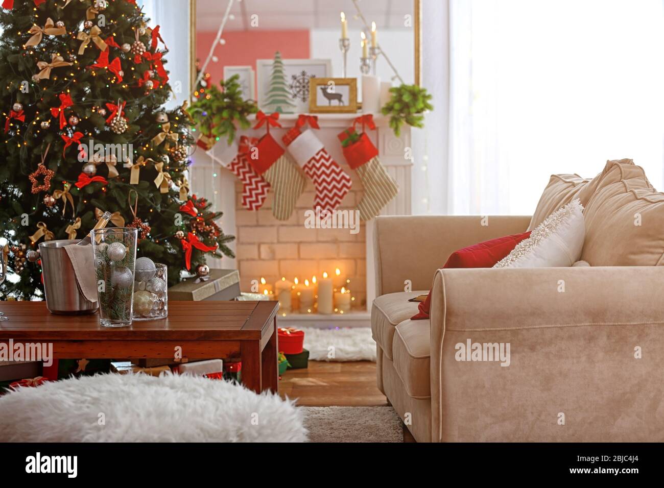 Cozy Christmas interior of living room with beautiful fir tree Stock ...