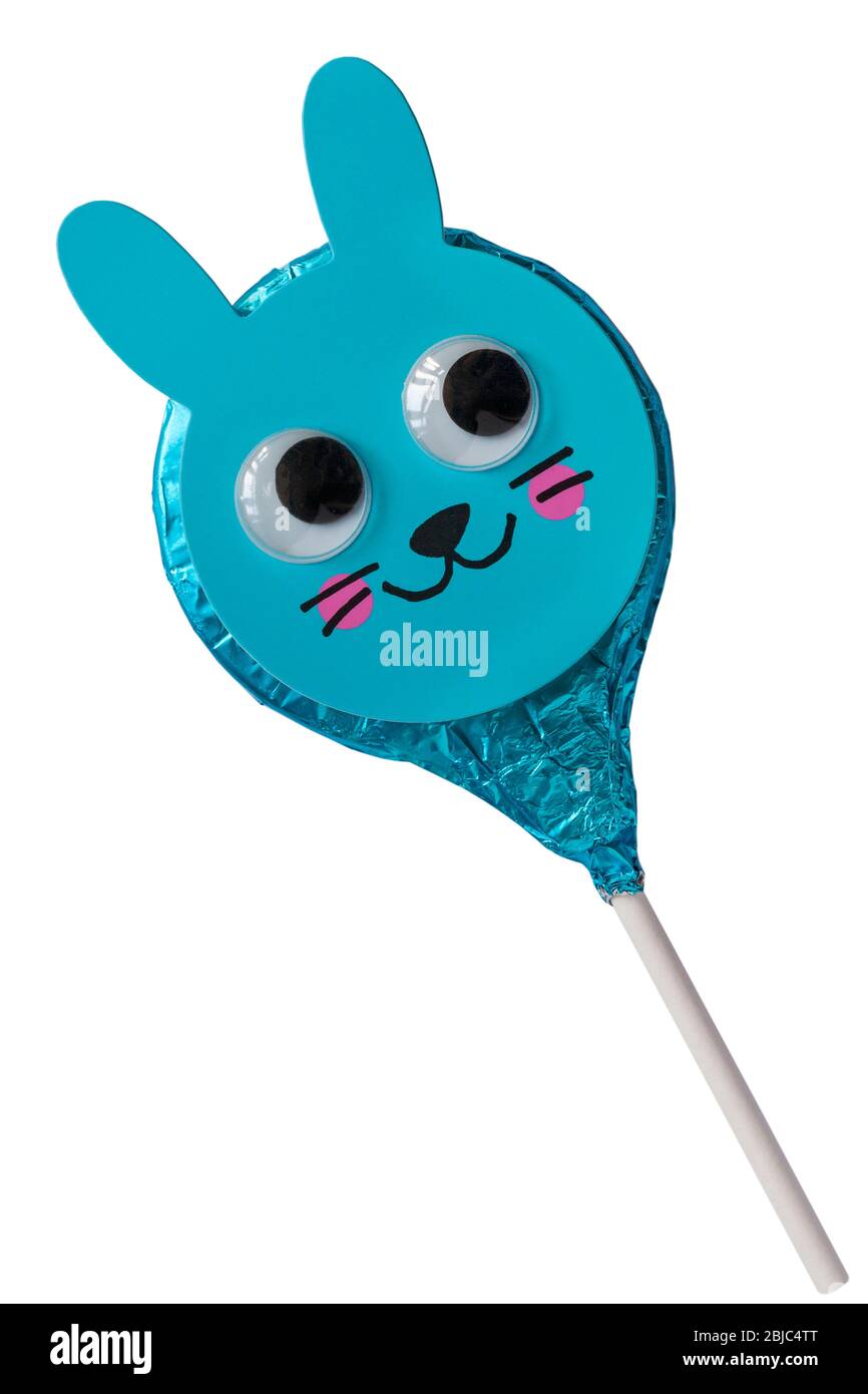 M&S Easter  Bunny Rabbit foiled solid milk chocolate lollipop isolated on white background - ready for Easter Stock Photo