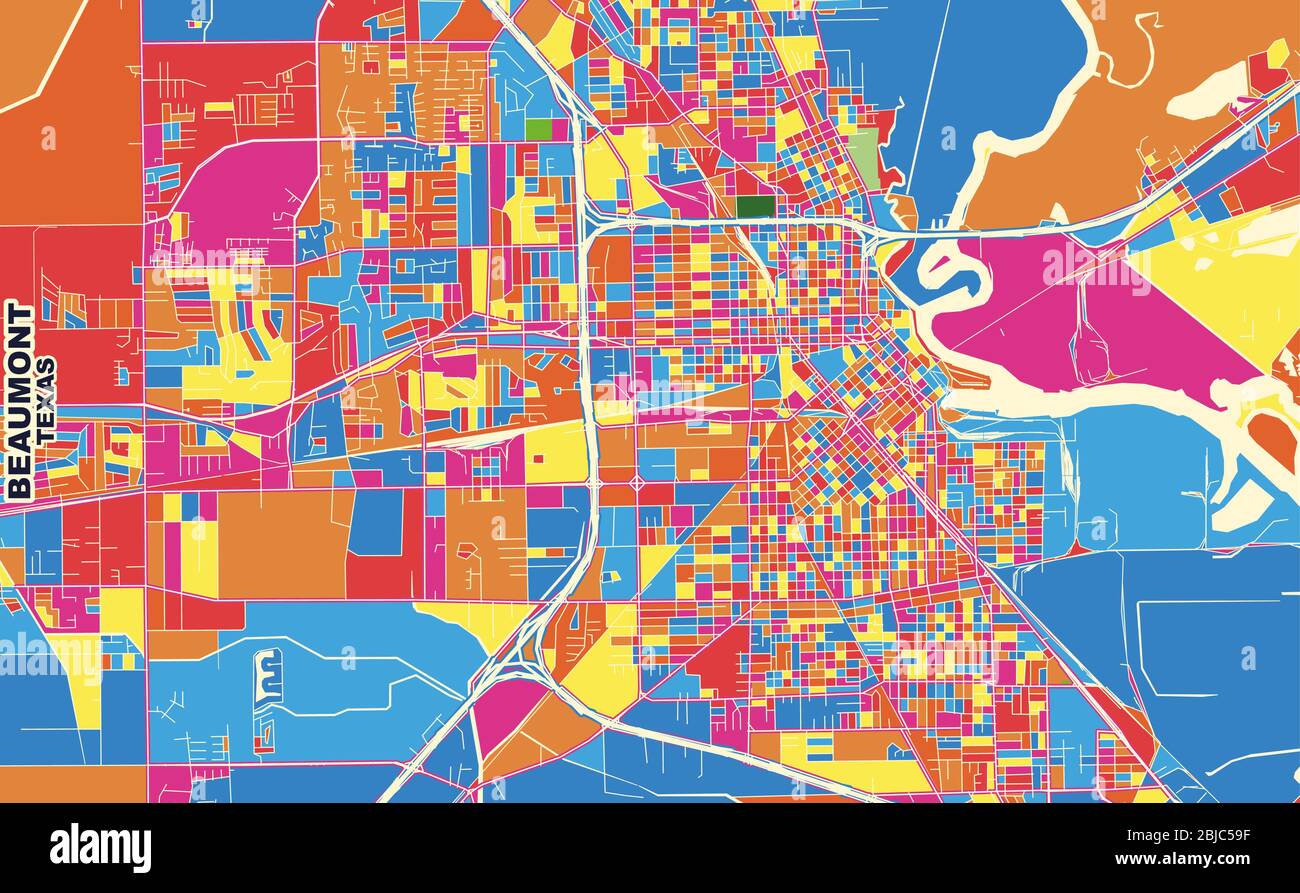 Colorful vector map of Beaumont, Texas, USA. Art Map template for selfprinting wall art in landscape format. Stock Vector